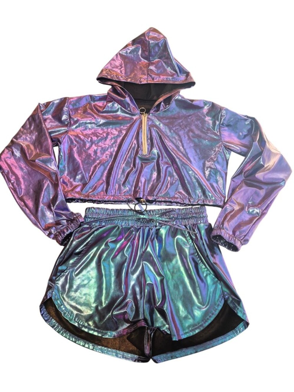 Holographic Two-Piece Hoodie & Shorts Set Cropped Jacket Size S/M